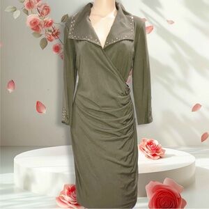 Cache Olive Army Green Gold Stud 3/4 Sleeve Faux Wrap Sheath Dress Midi Sz L
